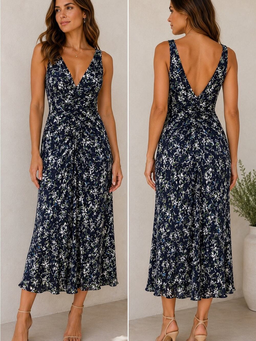 Classiques Entier 100% Silk Floral Midi Dress Sz 12 Navy Ruched Sleeveless